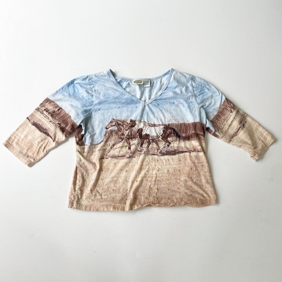 Vintage Y2k Collections Etc Horse Print Top Western Style V Neck‎ 3/4 Sleeve L - Picture 1 of 7